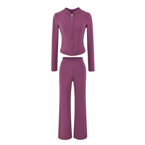 Damen Zweiteiliges Lounge-Set mit taillierter Reißverschluss-Kapuze und High‑Waist Bootcut‑Hose Drune