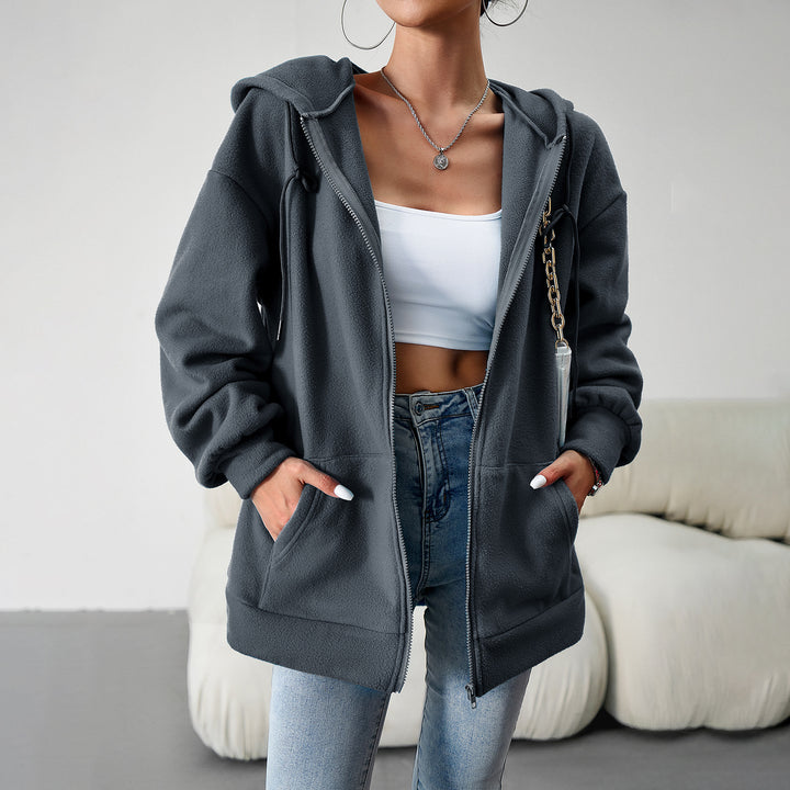 Damen nan kuscheliger Teddy-Fleece Zip-Hoodie mit Kapuze, tiefer Schulterpassform und Kängurutaschen Drune