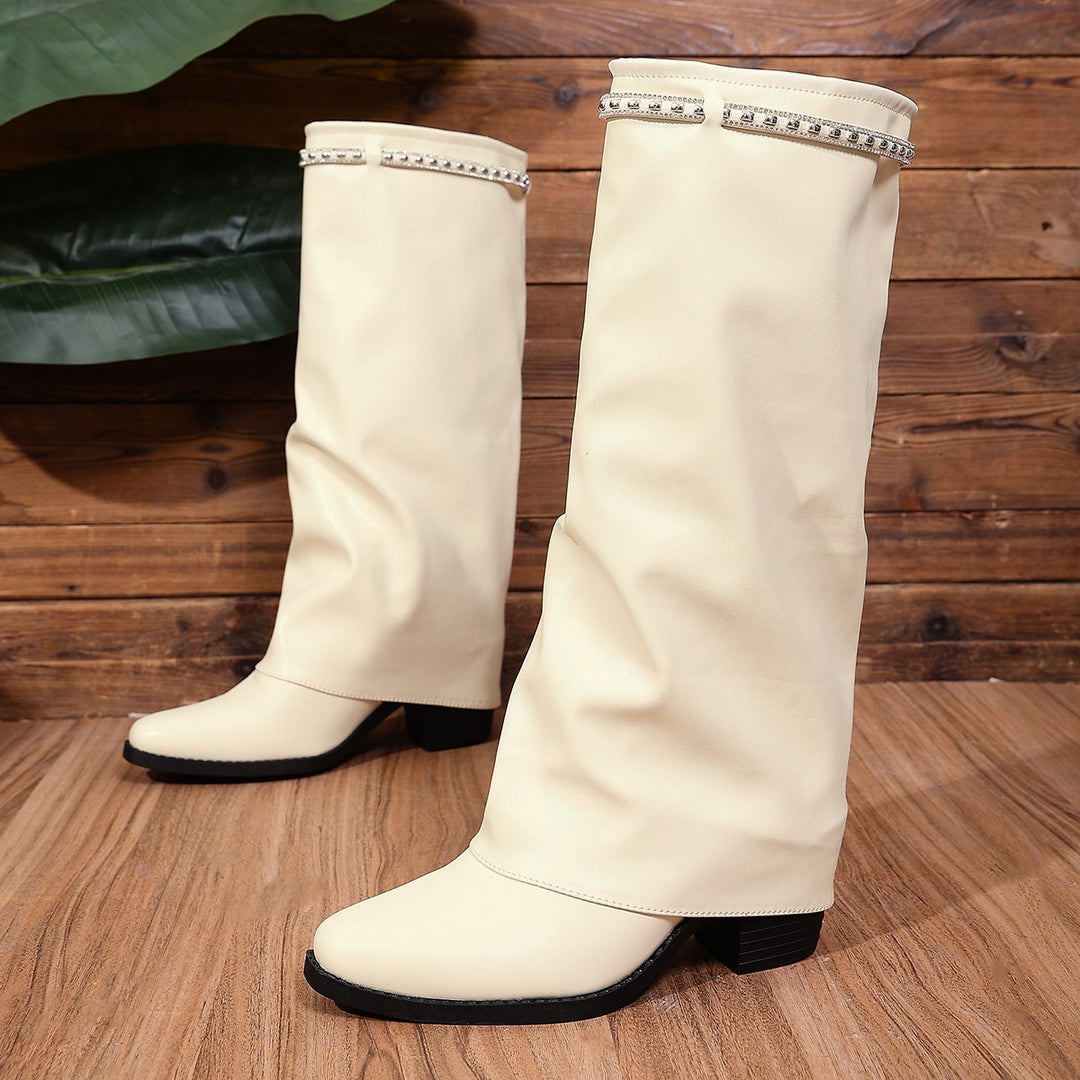 Damen Kniehohe Slouch‑Stiefel mit niedrigem Blockabsatz und Strassbesatz Drune