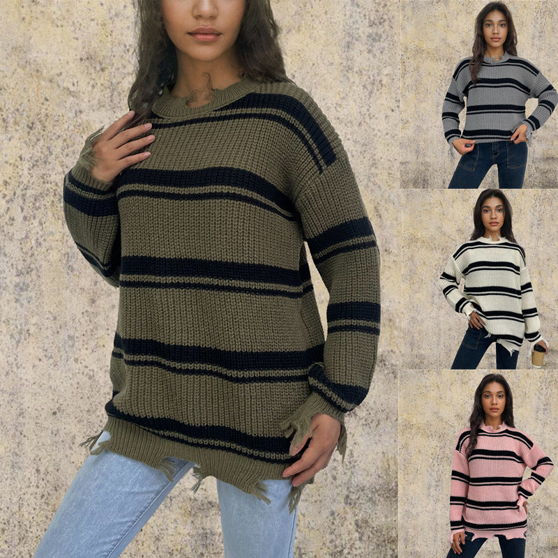 Damen lässiger Streifenpulli mit fransigen Details Drune