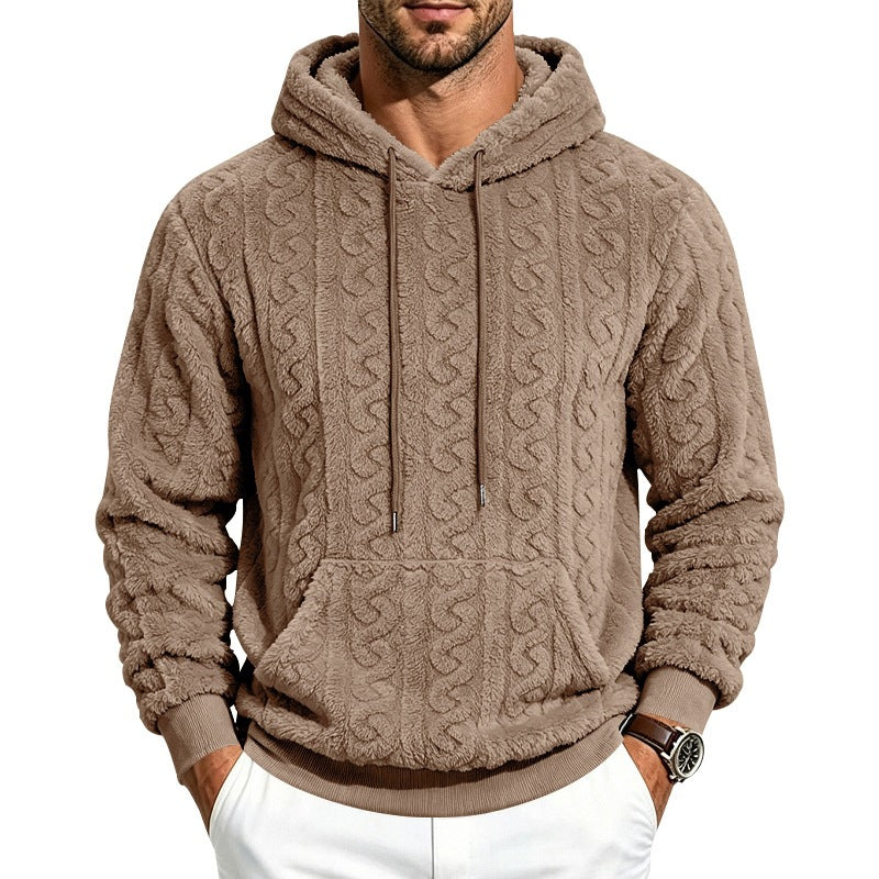 Herren kuscheliger Teddy-Fleece Kapuzenpullover mit Zopfmuster und Kängurutasche Drune