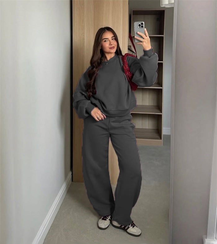 Damen Cropped-Sweatshirt mit hohem Rundhalsausschnitt und elastischer Tunnelzug Wide-Leg Jogginghose Set Drune