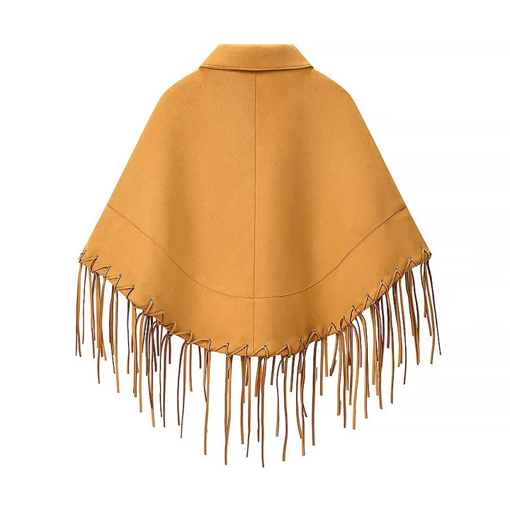 Damen nan Veloursoptik Cape mit Hemdkragen, Ziernaht und langen Fransen Drune