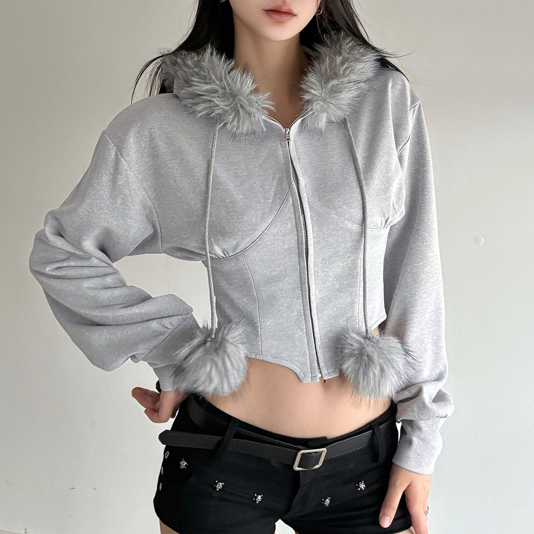 Damen nan kurzes Kapuzen‑Sweatshirt mit Kunstfellbesatz, Reißverschluss und Pompon-Kordeln Drune