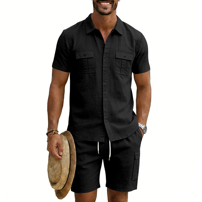 Herren nan sommerliches Freizeitset aus Baumwoll-Leinenmix mit Kurzarm-Hemd und Cargo-Shorts Drune