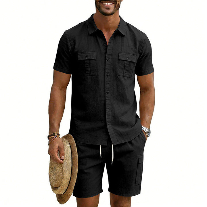 Herren nan sommerliches Freizeitset aus Baumwoll-Leinenmix mit Kurzarm-Hemd und Cargo-Shorts Drune