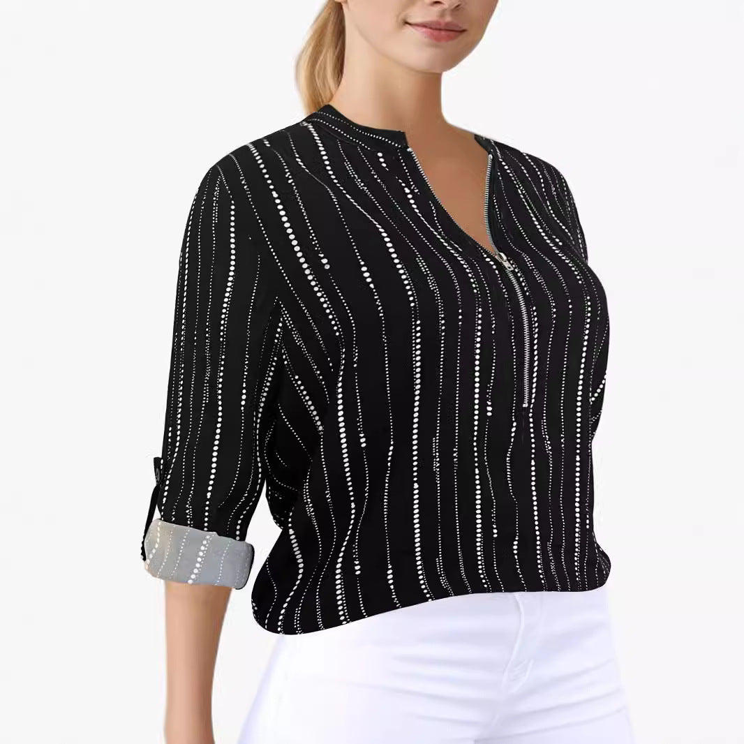 Damen Leichte Viskose-Bluse mit Stehkragen, Reißverschluss und vertikalem Punktstreifen Drune