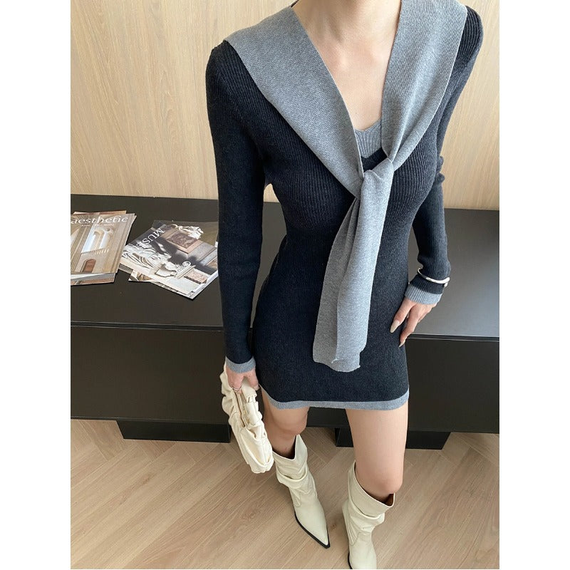 Damen figurbetontes Strickkleid mit stylischem Schalkragen und langen Ärmeln Drune