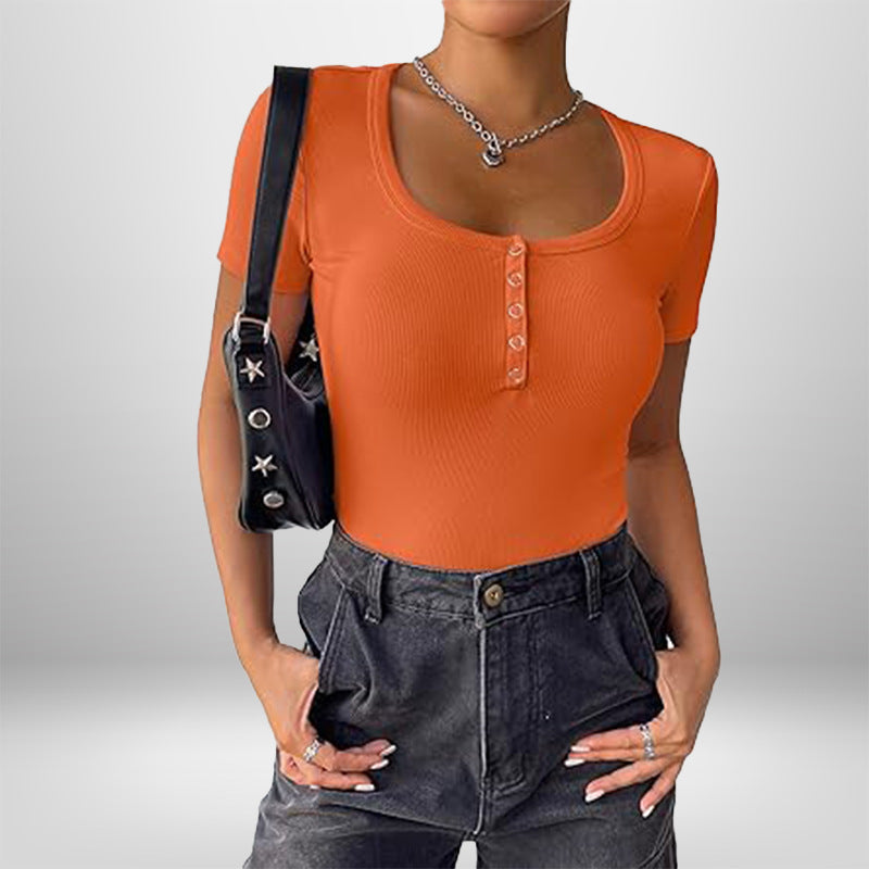 Damen Kurzarm Bodysuit mit Knopfdetails und figurbetonter Silhouette Drune
