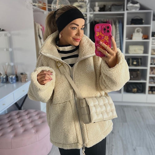 Damen Oversize Teddy-Fleece Jacke mit Reißverschluss und Stehkragen Drune