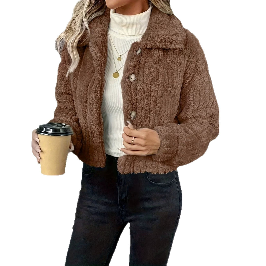 Damen Kurzjacke Teddy-Fleece mit Knopfverschluss und weitem Hemdkragen Drune