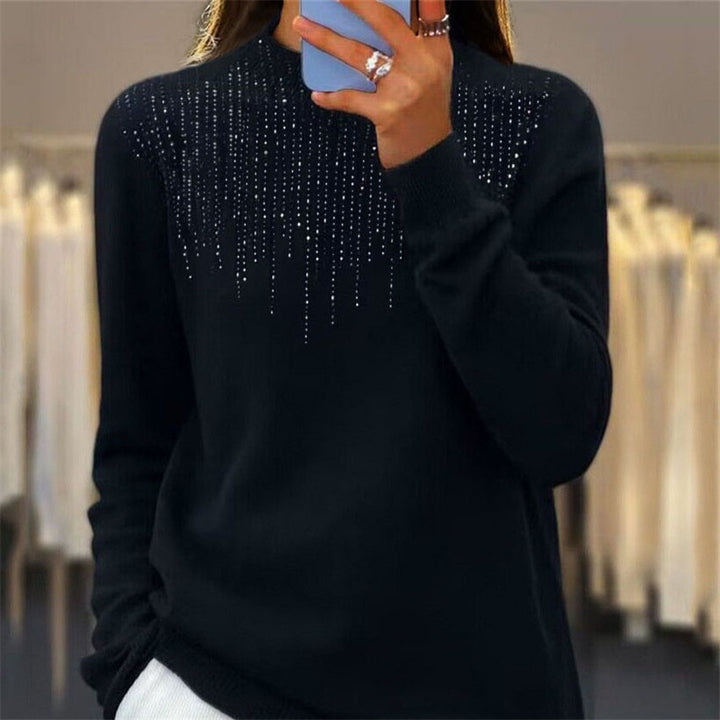 Damen nan kuscheliger Feinstrickpullover mit dezentem Strass-Einsatz am Rundhalsausschnitt und geripptem Saum Drune