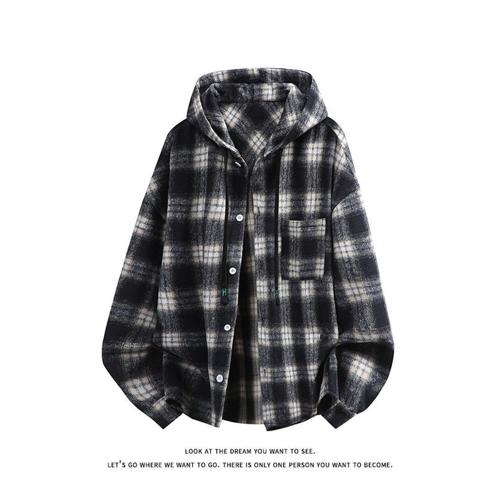 Unisex nan oversized Kapuzen-Hemdjacke aus Flanell mit Karomuster und Brusttasche Drune