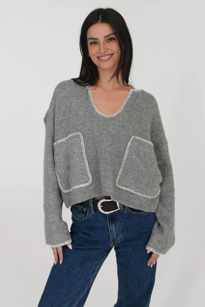 Damen gemütlicher Cropped Pullover mit asymmetrischem Design und praktischen Taschen Drune