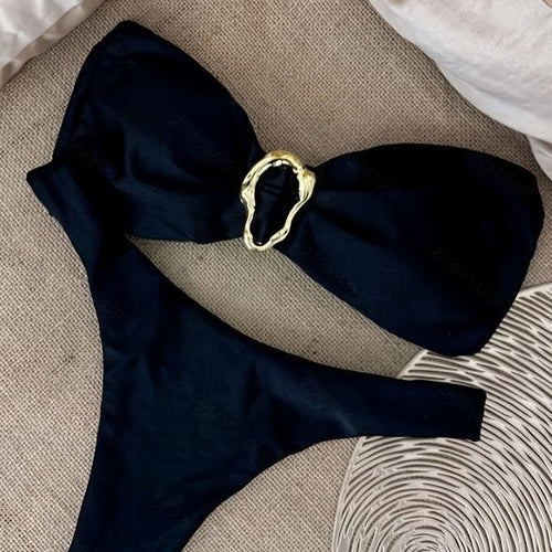 Damen Bikini-Set mit elegantem Knoten und goldener Akzentverzierung Drune