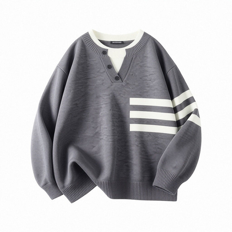 Damen Sportlicher Oversize Pullover mit Knopfleiste und Streifen Drune