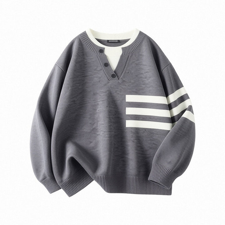 Damen Sportlicher Oversize Pullover mit Knopfleiste und Streifen Drune