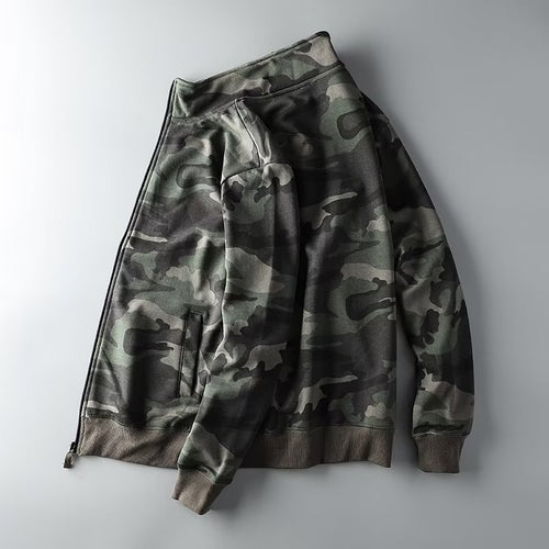 Herren Camouflage Baumwoll‑Fleece‑Zipjacke mit Stehkragen und Rippbündchen Drune