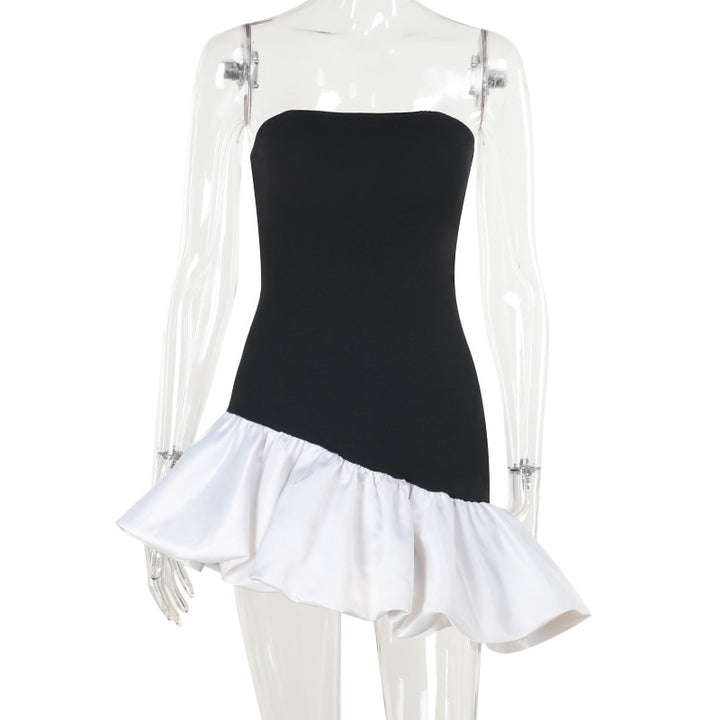 Damen schulterfreies Wickelkleid mit asymmetrischem Saum und farblich kontrastierender Rüsche Drune