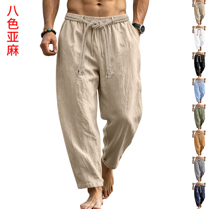 Herren lässige Leinen-Loungehose mit elastischem Bund, dekorativem Seilgürtel und Seitentaschen Drune