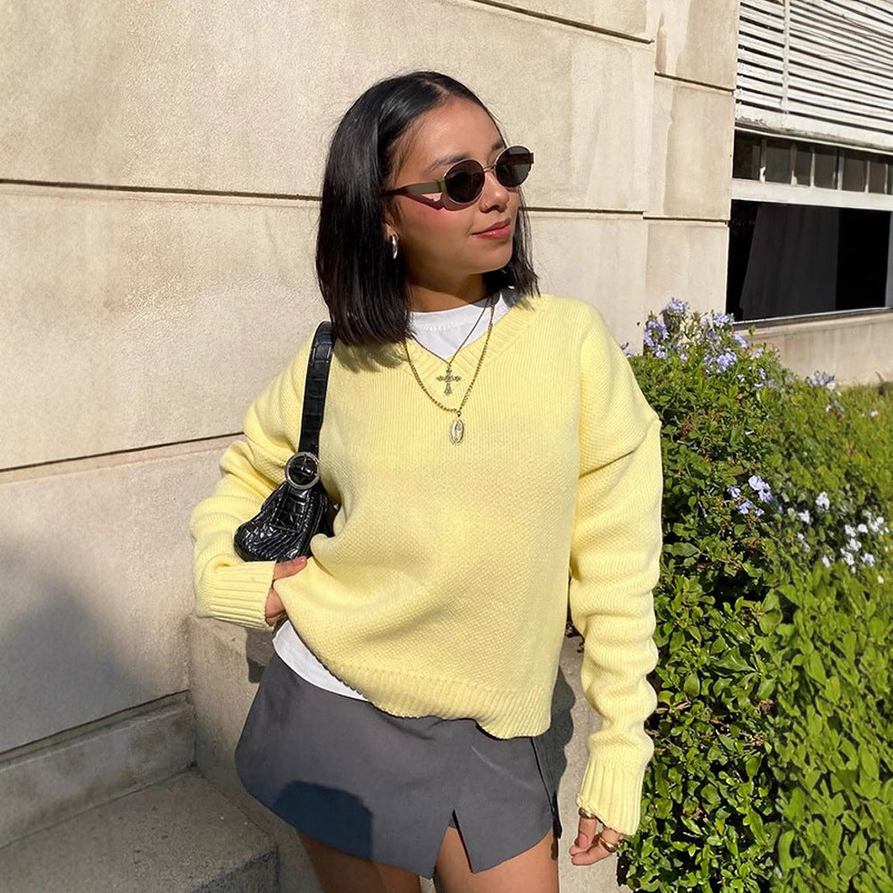 Damen Oversize V-Ausschnitt Feinstrickpullover mit strukturierter Maschenoptik und gerippten Bündchen Drune
