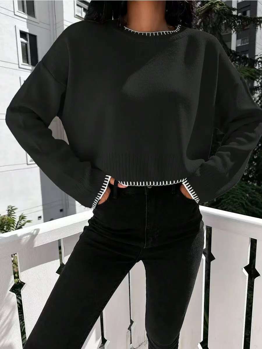 Damen lässiger Crop-Pullover mit feiner Rippstruktur und weitem Schnitt Drune