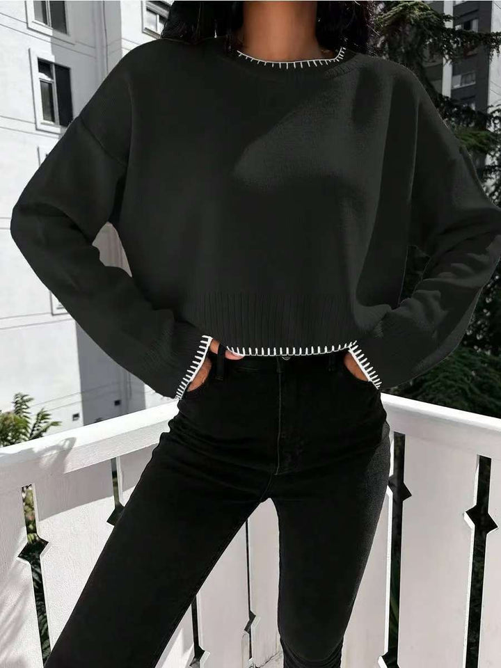 Damen lässiger Crop-Pullover mit feiner Rippstruktur und weitem Schnitt Drune