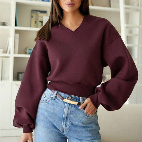 Damen Cropped V-Ausschnitt Pullover mit Ballonärmeln und Rippbund Drune
