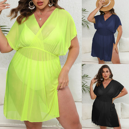 Damen luftiges Strandkleid mit V-Ausschnitt und breiten Ärmeln Drune