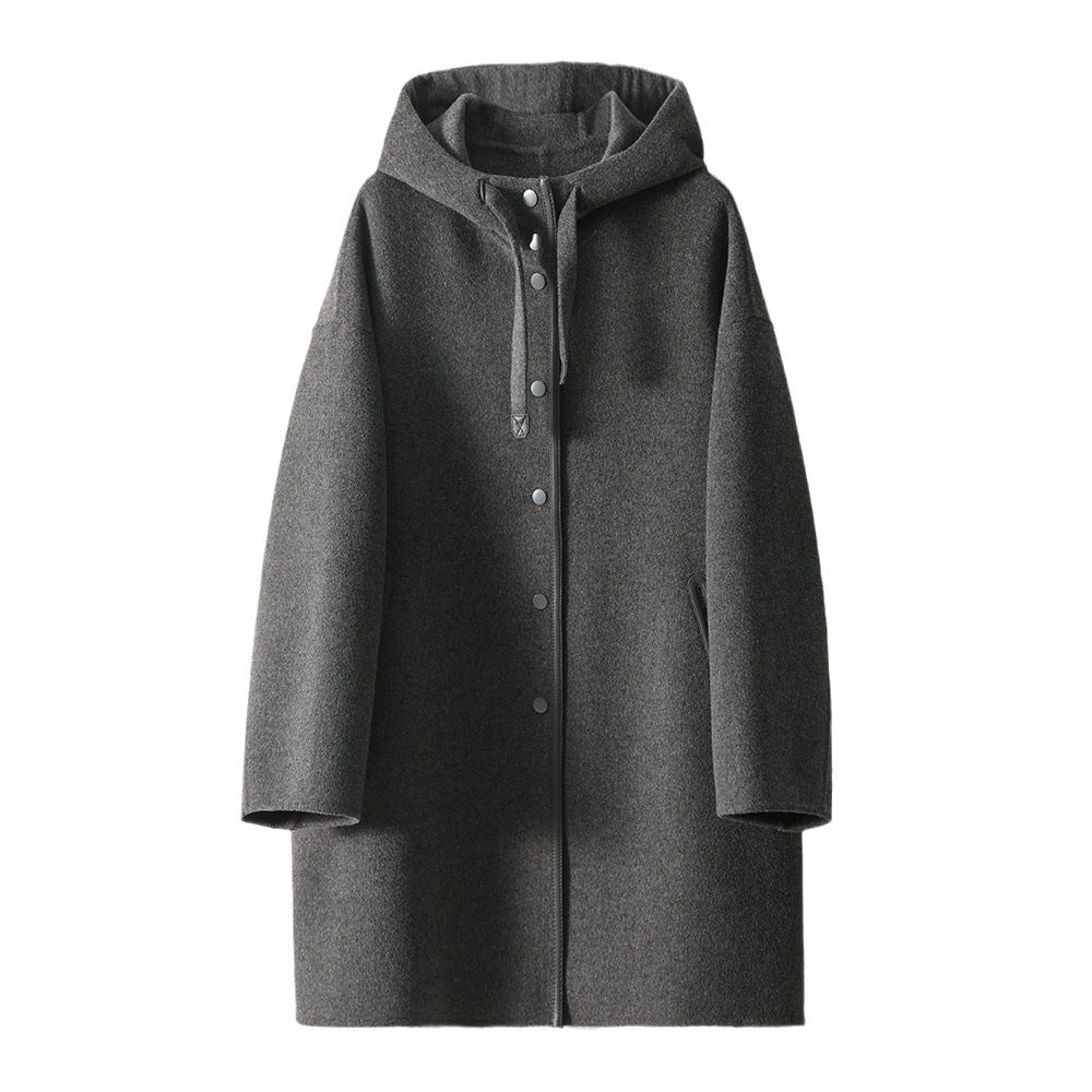 Damen nan midilanger Wollmixmantel mit Kapuze und Druckknopfleiste im Oversize-Schnitt Drune