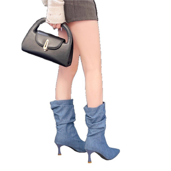 Damen Halbhohe Denim-Stiefeletten mit gerafftem Schaft und spitzer Zehenpartie Drune