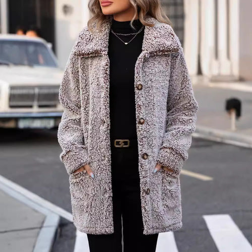 Damen Flauschige Übergangsjacke mit großen aufgesetzten Taschen und Knopfdetails Drune