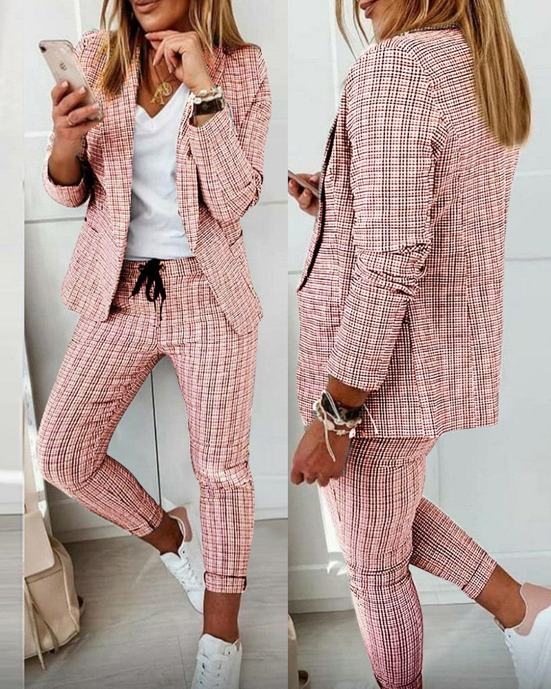 Damen nan zweiteiliges Karomuster Business-Casual Blazer-Set mit elastischer Bundhose Drune
