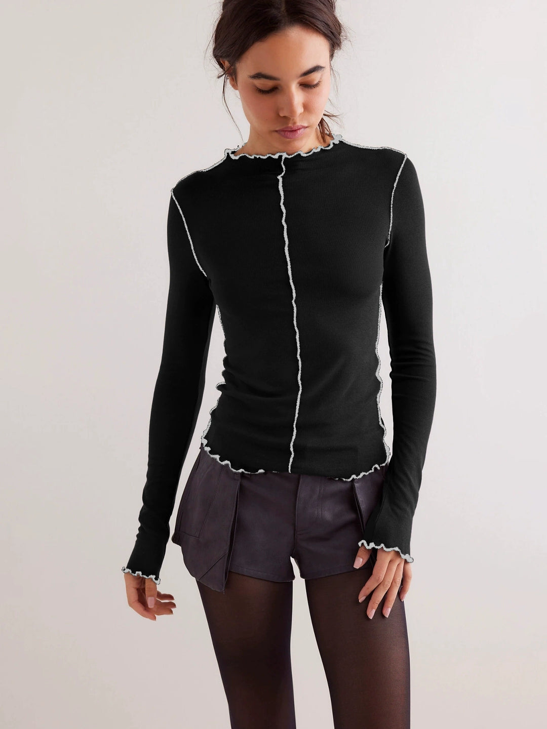 Drune | Basic Bae Kontrastbesatz Mock Neck Langarm T-Shirt