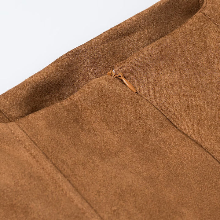 Damen A-Linien Midikleid aus Wildlederoptik mit eckigem Ausschnitt und Prinzessnähten Drune