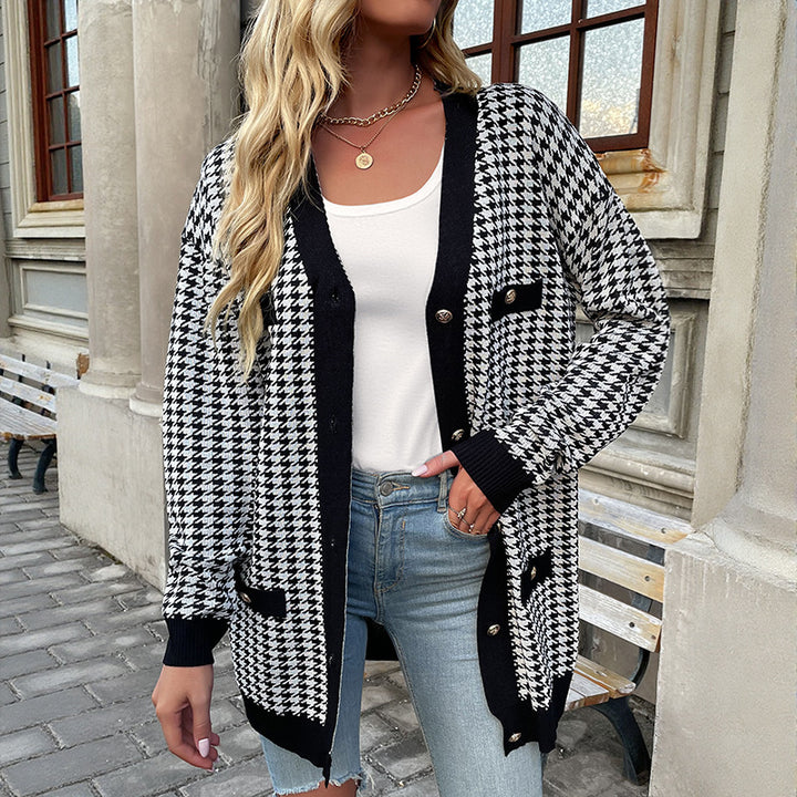 Damen Oversized Strickcardigan mit Hahnentritt-Muster und goldenen Zierknöpfen Drune