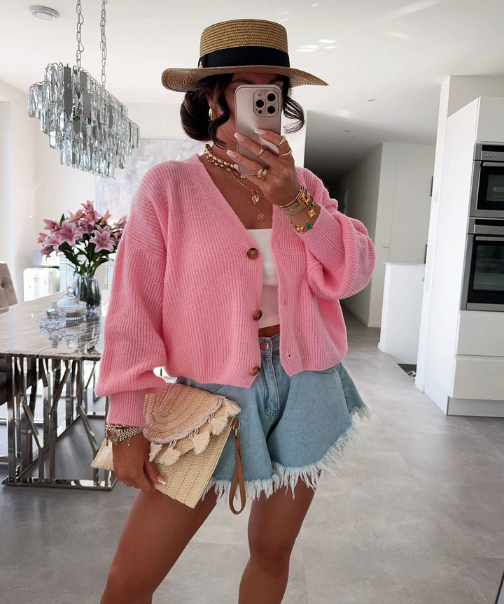 Damen kuschelige Strickjacke mit großen Knöpfen und lockeren Ärmeln Drune