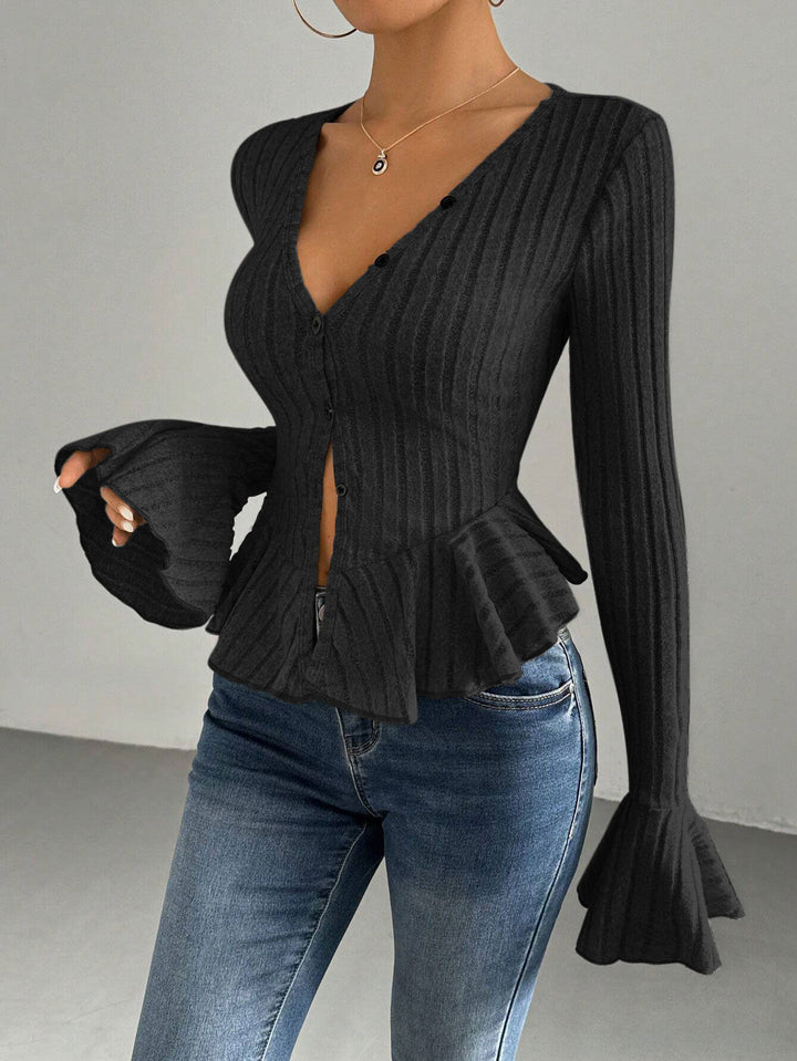 Damen Strickoberteil mit raffiniertem Kellerfalten-Design und Knopfleiste Drune