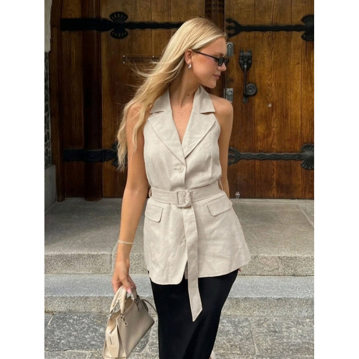 Damen ärmellose Blazer mit Bindegürtel und hoher Taillierung Drune