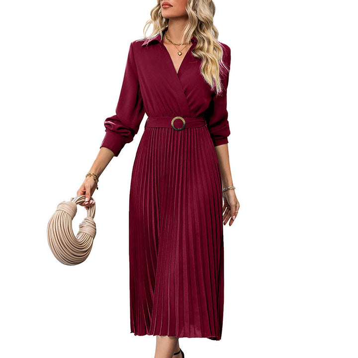 Damen Plissiertes Wickel-Midikleid mit Hemdkragen, Taillengürtel und langen Manschettenärmeln Drune