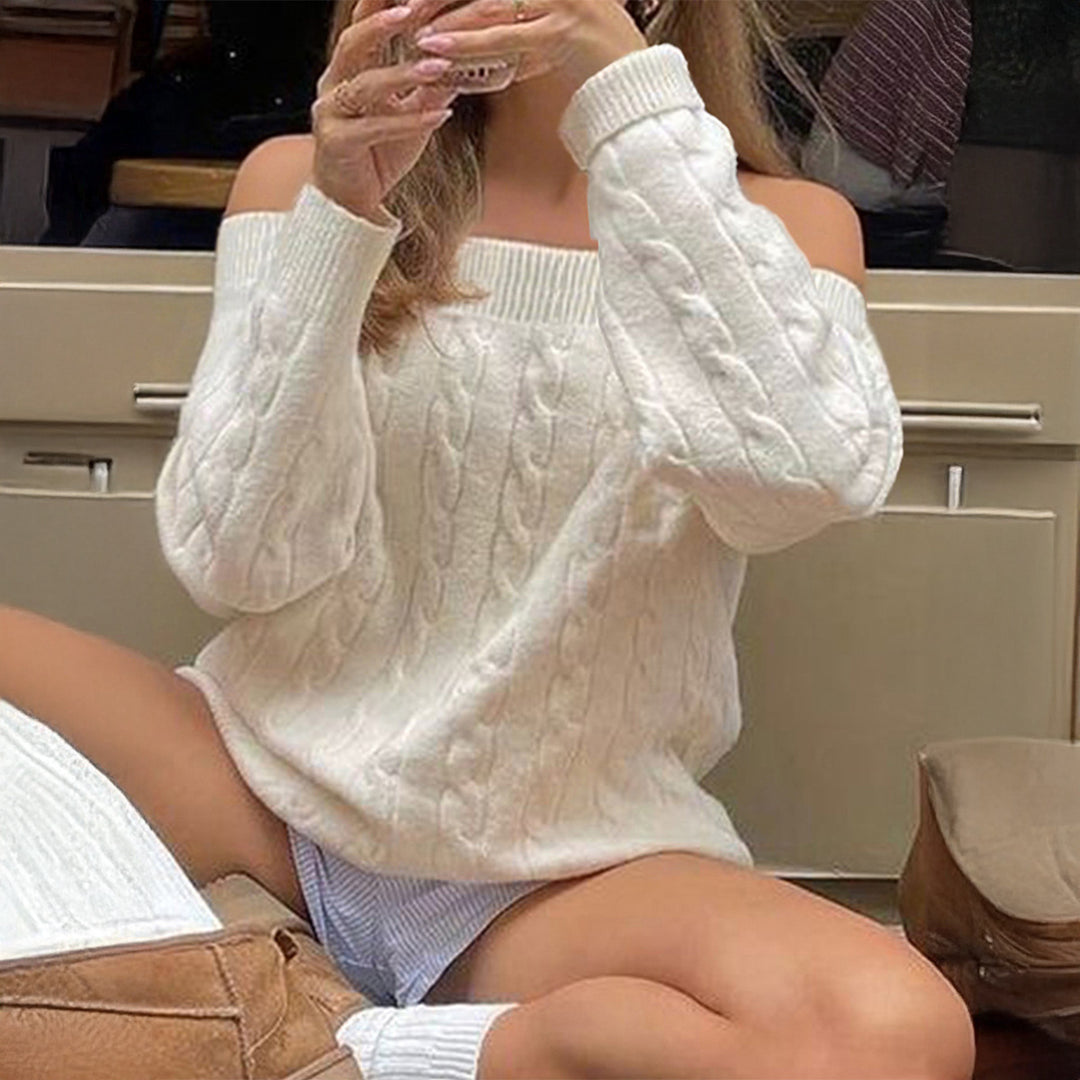 Damen nan oversized schulterfreier Zopfstrickpullover mit geripptem Ausschnitt und Ballonärmeln Drune