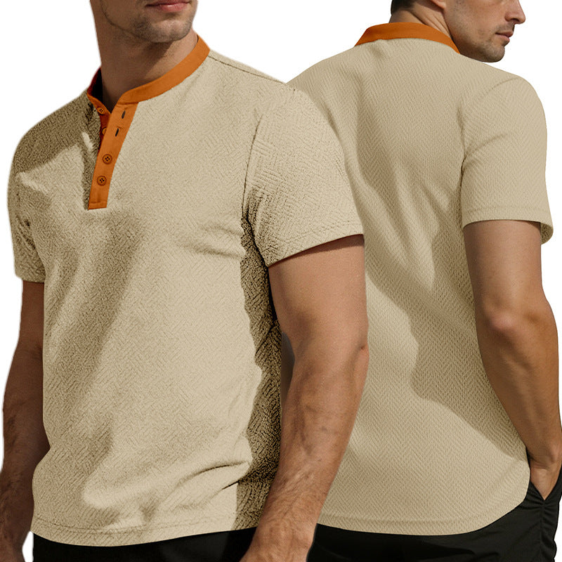 Herren nan schlankes Kurzarm-Henley-Poloshirt mit Mandarin-Kragen und feiner Jacquardstruktur Drune
