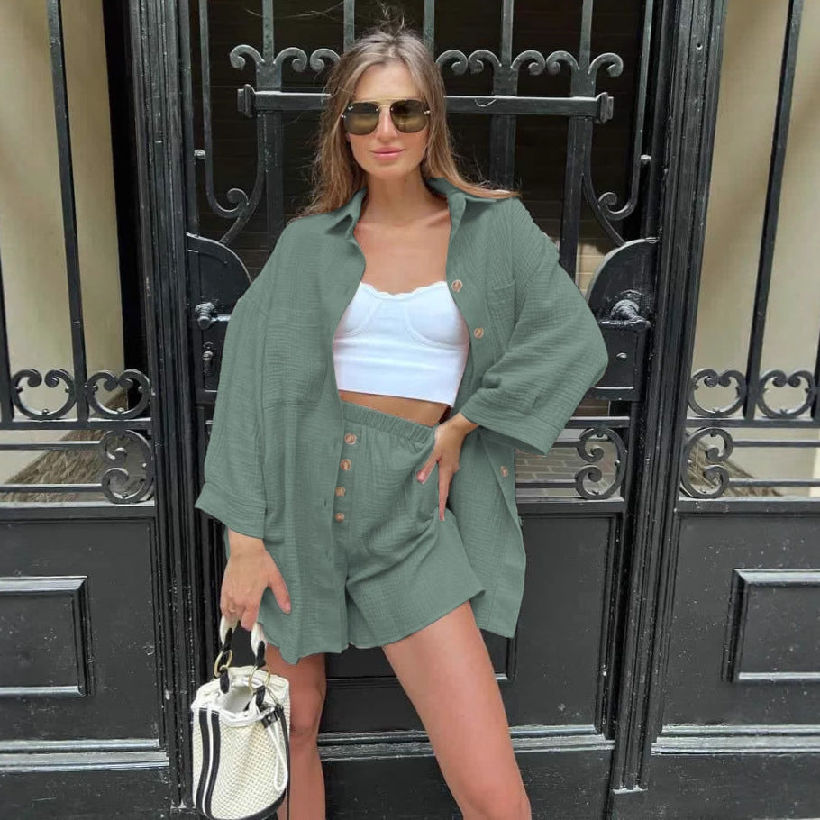 Damen Leichtes Kurzarm-Hemd und Shorts-Set Drune