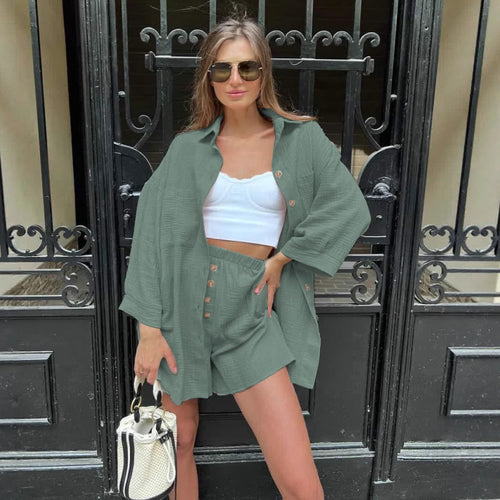 Damen Leichtes Kurzarm-Hemd und Shorts-Set Drune