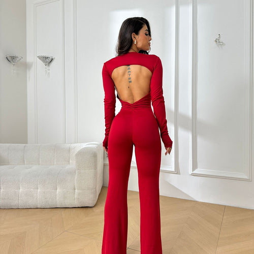 Damen trendiger Jumpsuit mit offenem Rücken und leichtem Stoff Drune