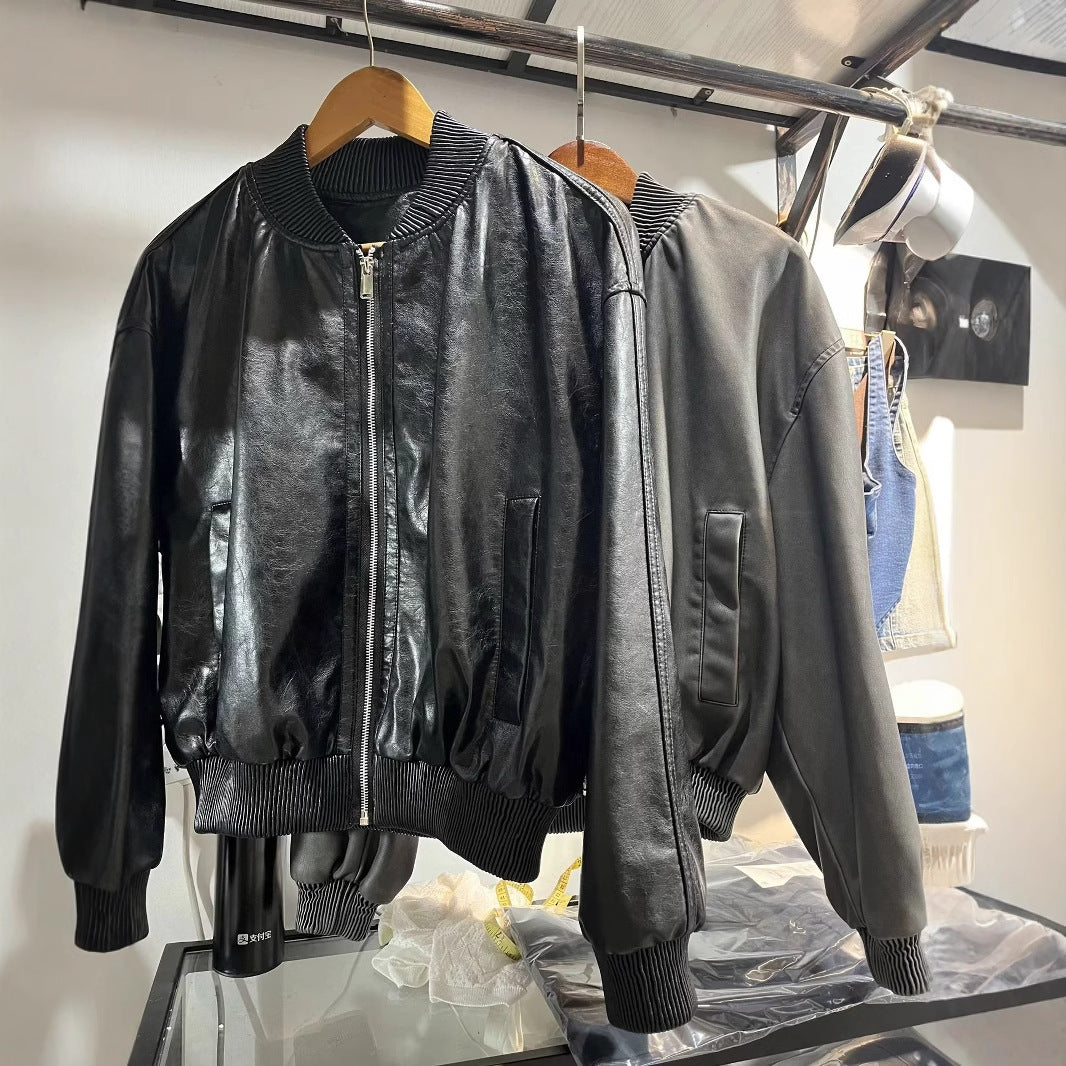 Damen nan oversized Bomberjacke in Lederoptik mit geripptem Stehkragen und Taillenbündchen Drune