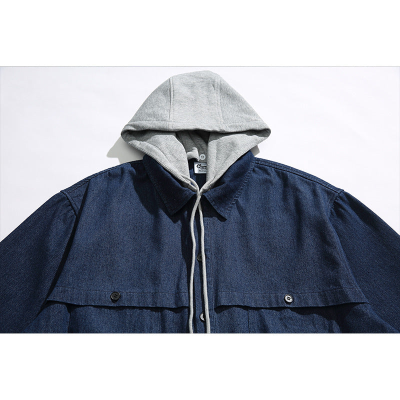 Unisex Boxy-Jeans-Überhemdjacke mit angenähter Kapuze und Multifunktionstaschen Drune