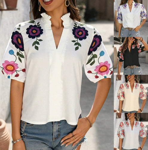 Damen Romantische Chiffon-Bluse mit Rüschenkragen, Puffärmeln und bestickten Blumenärmeln Drune