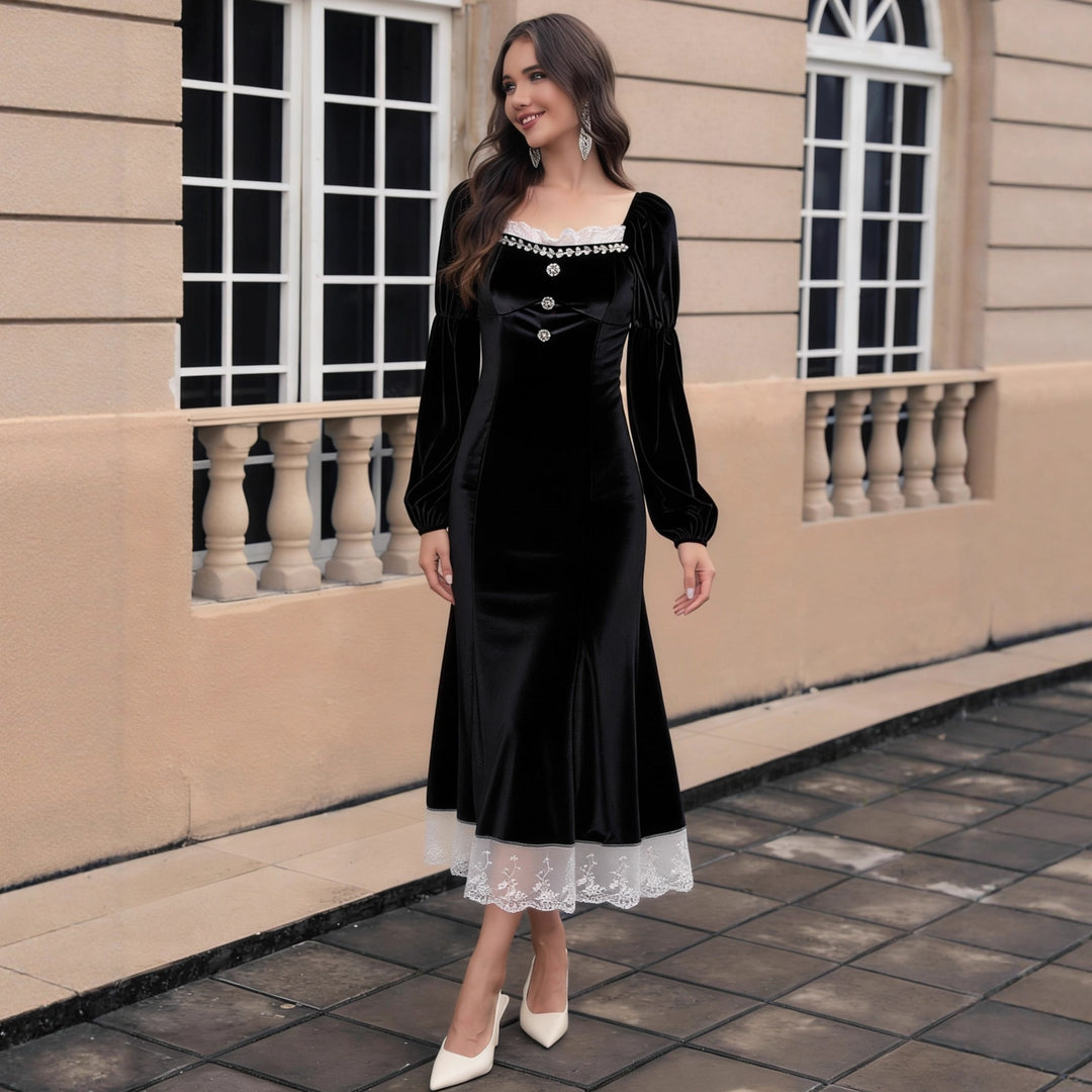 Damen Samt‑Midikleid mit quadratischem Ausschnitt, Puffärmeln und Spitzenuntertritt Drune