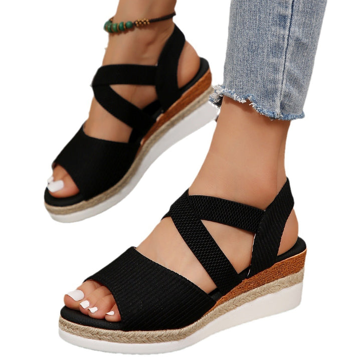 Damen Komfort-Keil-Sandalen mit elastischem Kreuzriemen und geflochtener Plateau-Sohle Drune